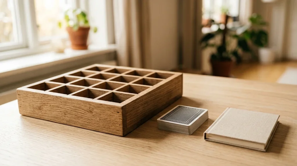 Hộp gỗ chia ngăn đặt cạnh bộ bài