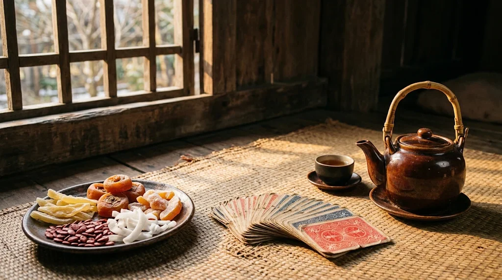 Bộ bài sâm lốc trên chiếu cói ngày Tết miền Bắc