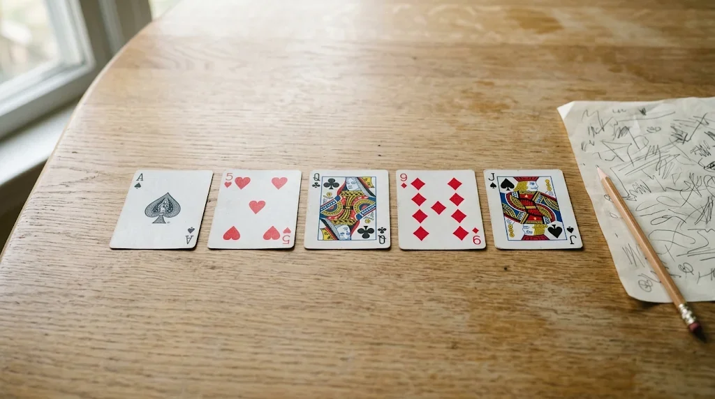 Lá bài xì tố bên tờ giấy nháp tính xác suất